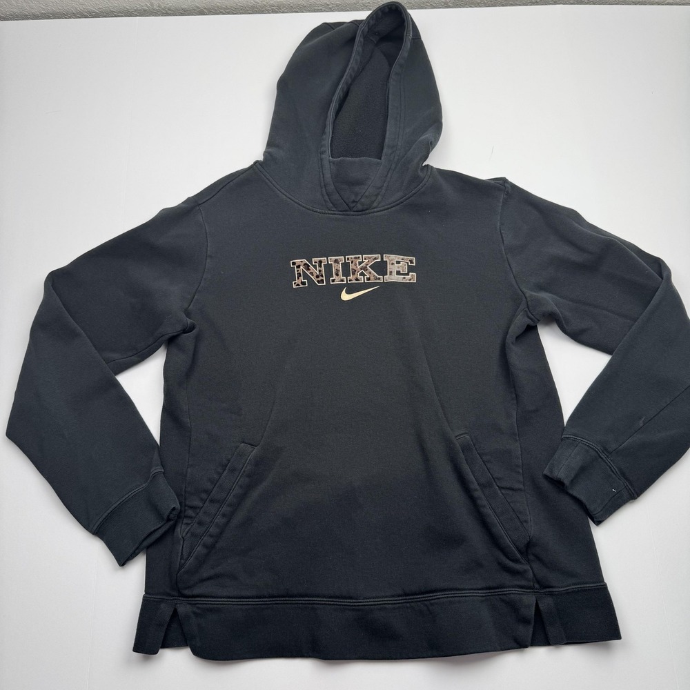 Nike Hoodie Girls XL Black Leopard Print Swoosh Pullover Fleece Sweatshirt